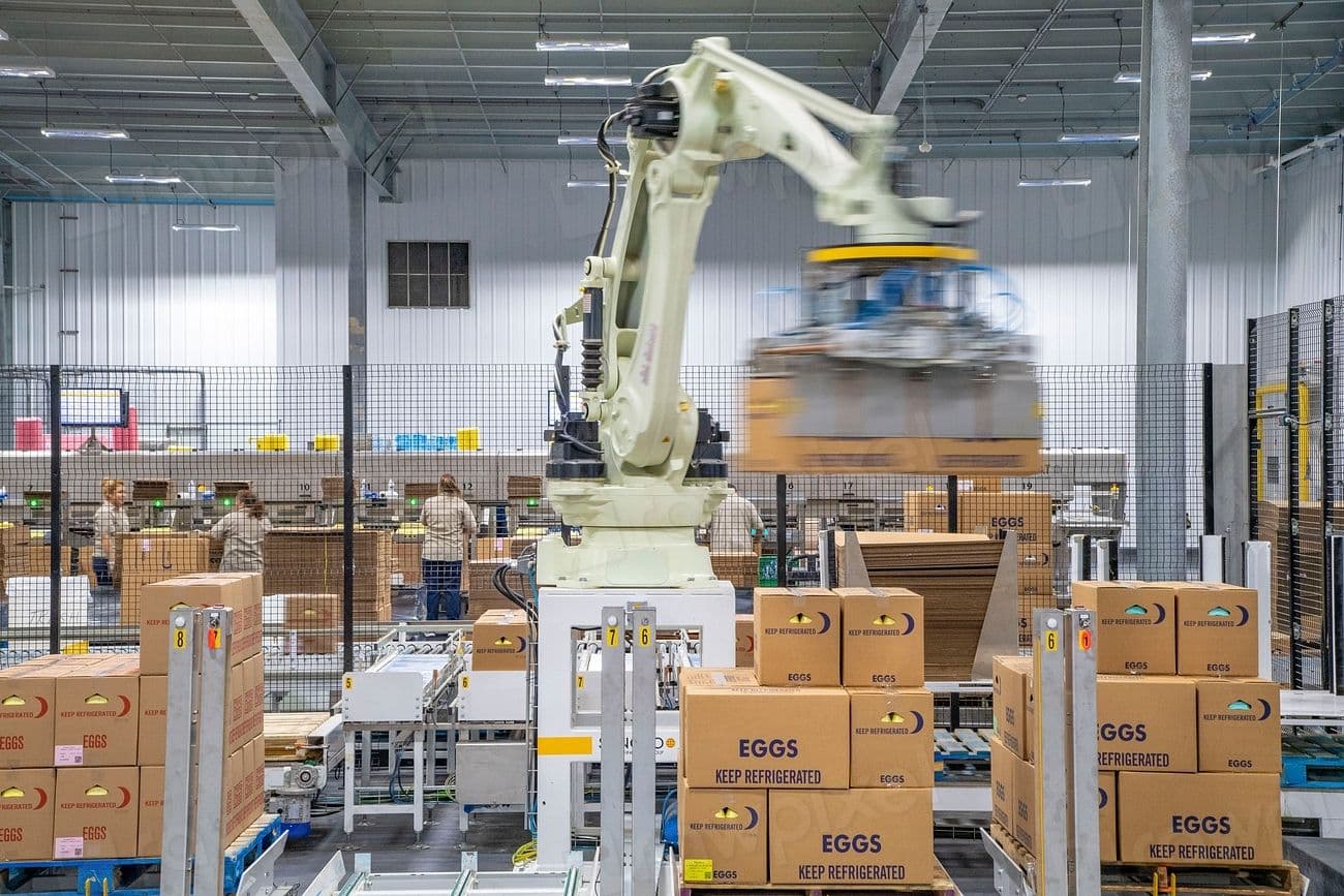 A robotic arm stacking cardboard cases onto pallets in a warehouse.