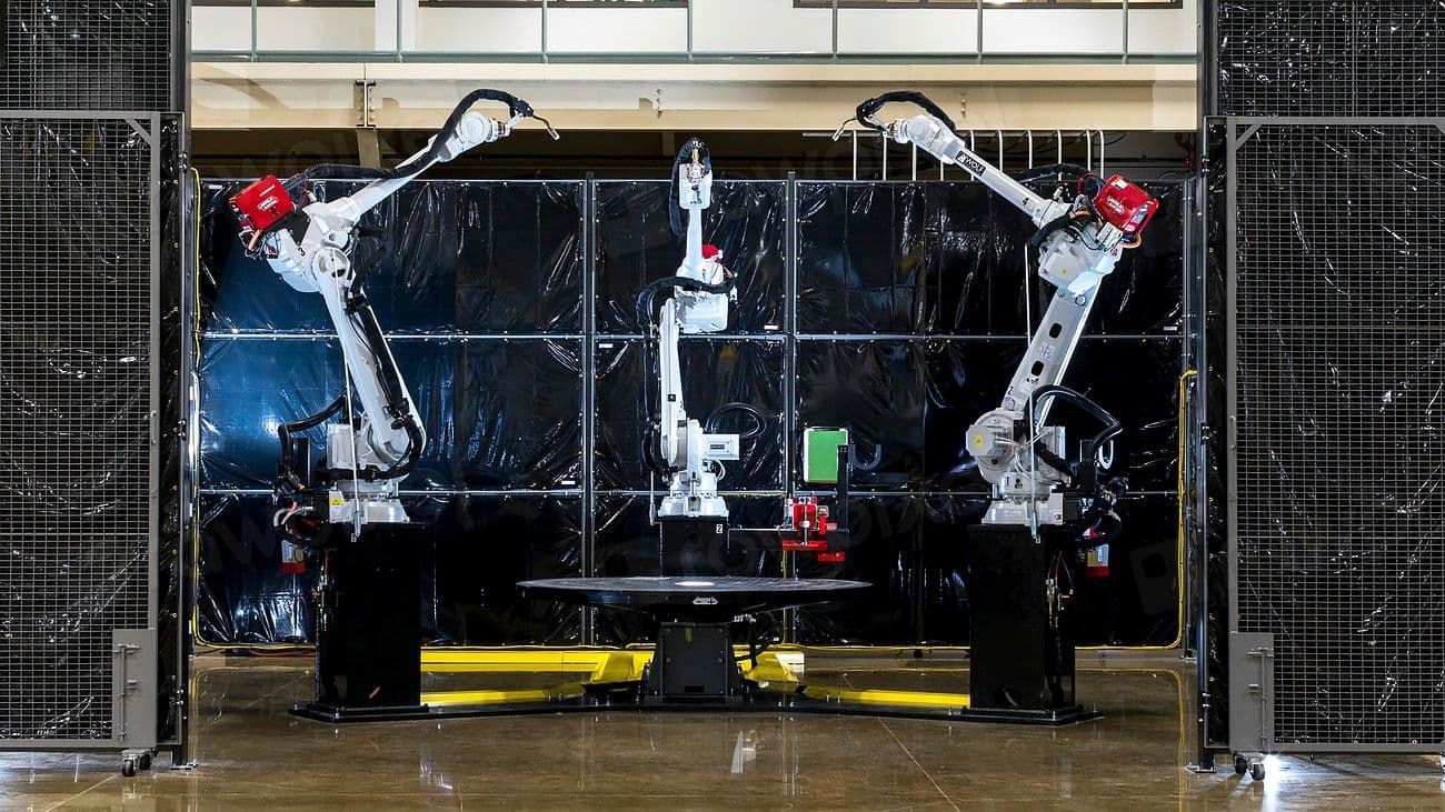 Three robotic arms inside an enclosed large-scale metal additive manufacturing cell.